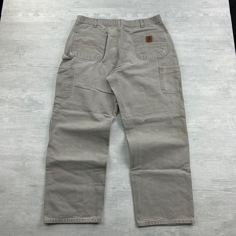 Vintage 90s Carhartt Carpenter Pants Size 38x32 Tan Loose Fit Heavy Canvas Baggy